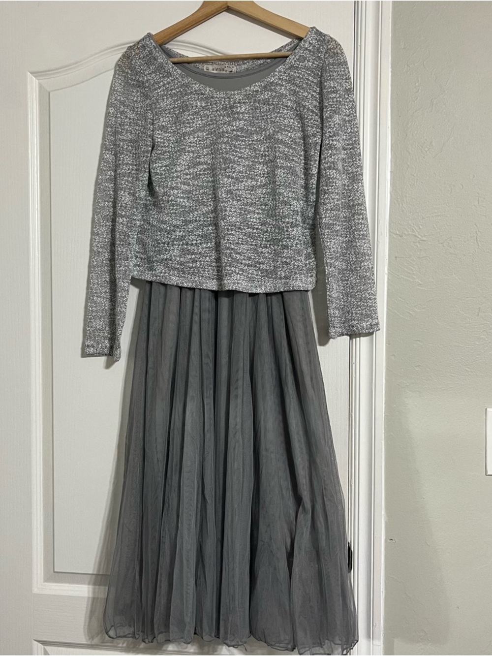 Sleeveless Gray Light Tulle Midi Dress with a G AINNA Silver Metallic Knit Top